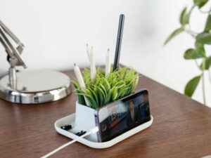 A desk organizer with a fake plant